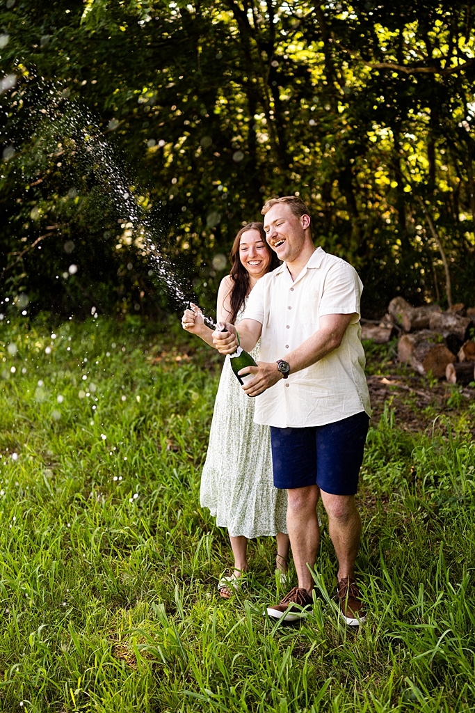 Groom to be proposing during surprise wedding proposal at family home | Emotional reaction during surprise wedding proposal at family home in Missouri | Couple celebrating after surprise wedding proposal at family home | Portraits of newly engaged couple after surprise wedding proposal